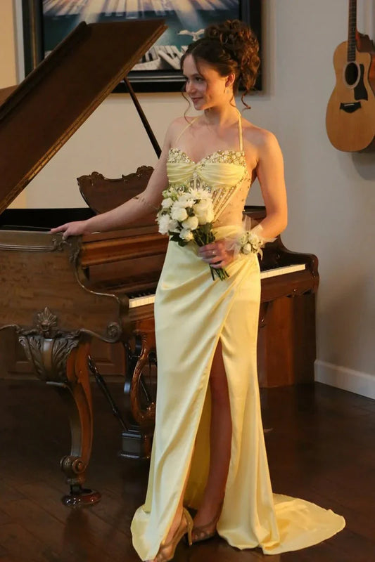 Sweetheart Halter Sheer Empire Mermaid Satin Prom Dress With Slit