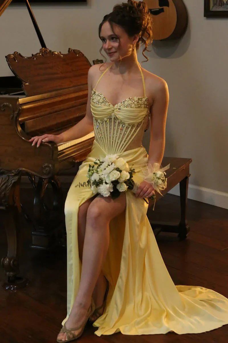 Sweetheart Halter Sheer Empire Mermaid Satin Prom Dress With Slit