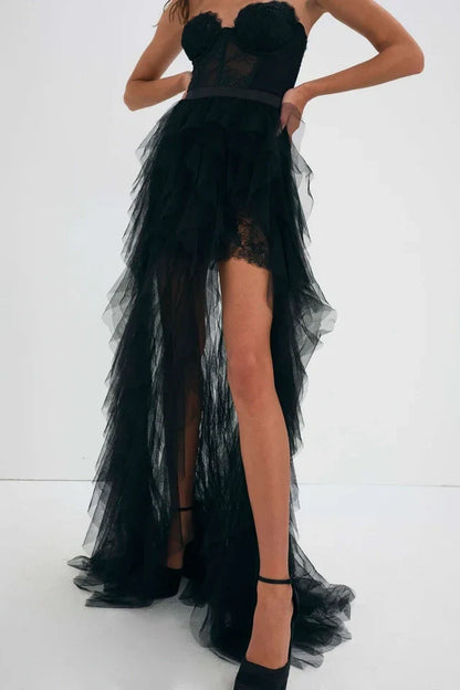 Sweetheart Lace Sleeveless Sheer Tiered Tulle Party Prom Dress