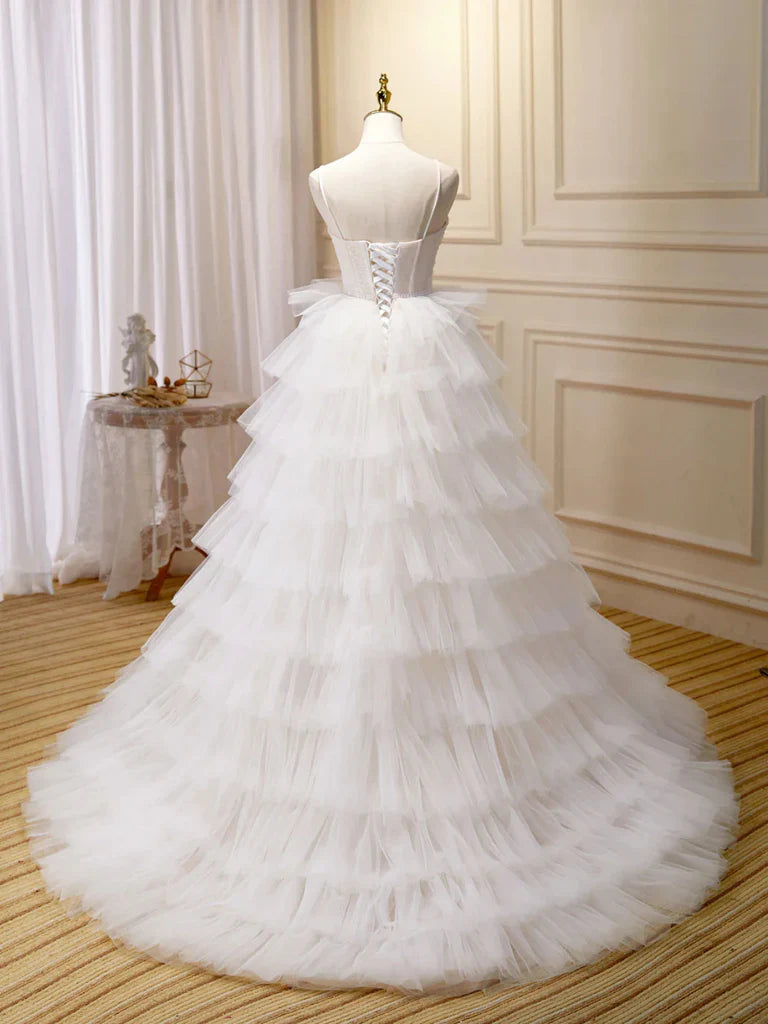 White Sweetheart Neck Appliques Tulle Long Prom Dresses Evening Dresses SH1648