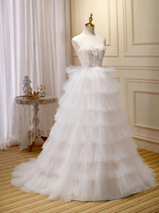 White Sweetheart Neck Appliques Tulle Long Prom Dresses Evening Dresses SH1648