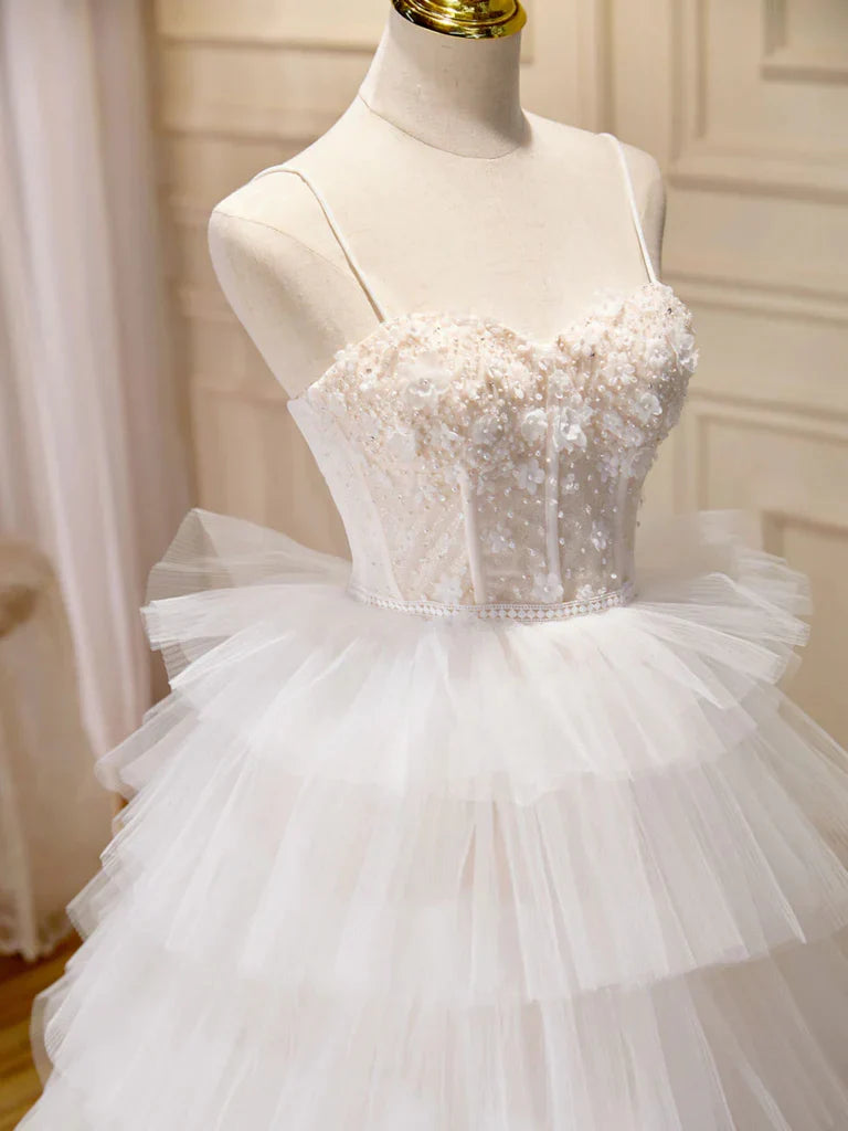 White Sweetheart Neck Appliques Tulle Long Prom Dresses Evening Dresses SH1648