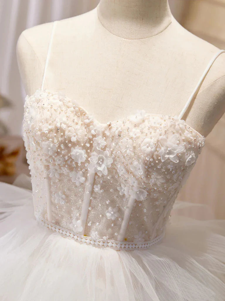 White Sweetheart Neck Appliques Tulle Long Prom Dresses Evening Dresses SH1648