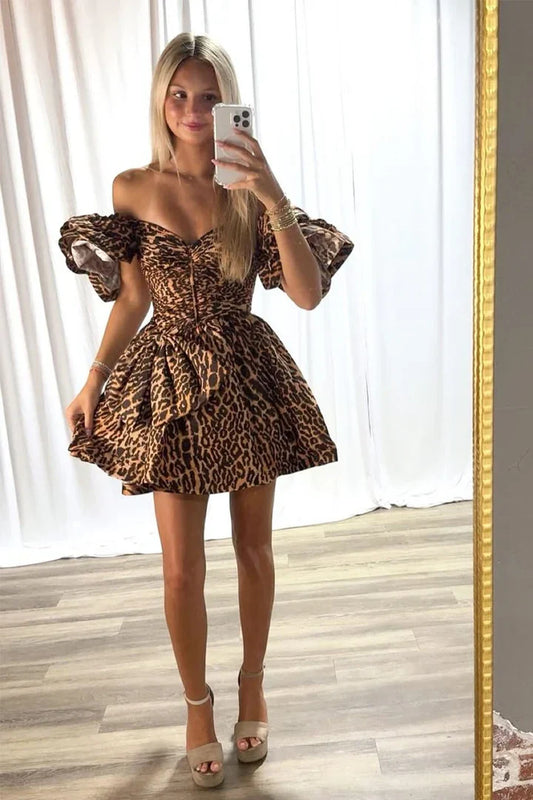 Sweetheart Off-Shoulder A-Line Empire Leopard Homecoming Dress
