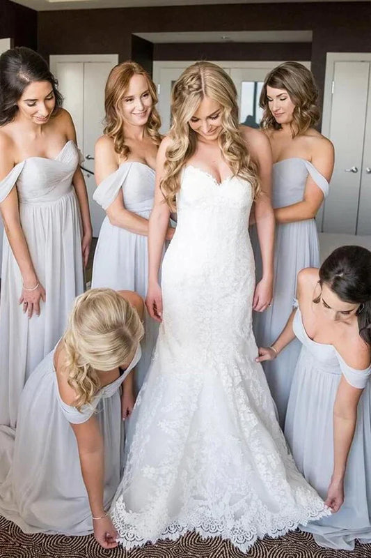 Sweetheart Off-Shoulder Chiffon A-Line Long Bridesmaid Dress