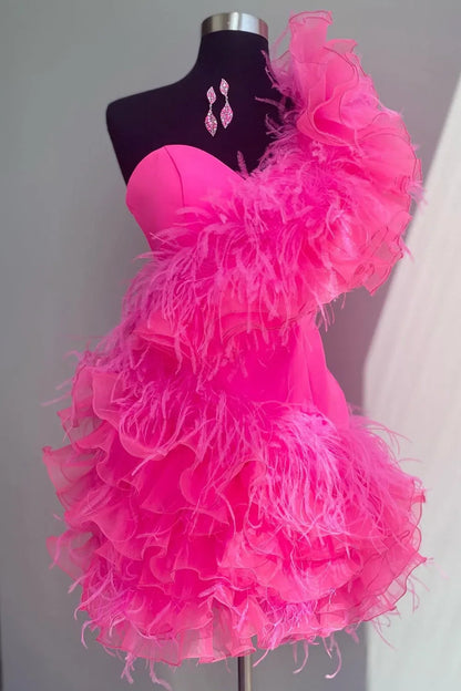Sweetheart One Shoulder Feathers Ruffled Short Homecoming Dress