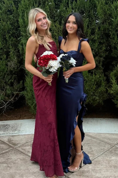 Sweetheart Ruffle Straps Satin Party Prom Dress With Slit