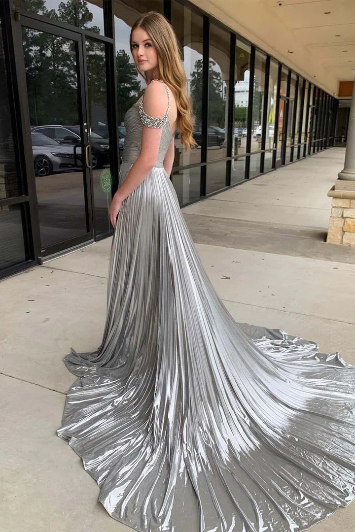 Sweetheart Satin A-Line Beaded Party Prom Dress With Slit