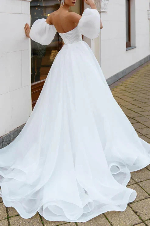 Sweetheart Short Sleeves A-Line Empire Wedding Dress With Train
