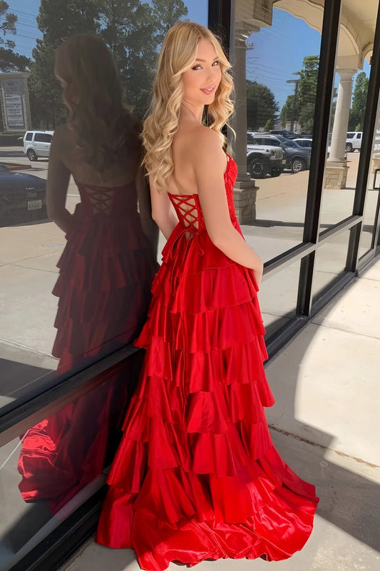 Sweetheart Sleeveless A-Line Lace Top Party Prom Dress With Slit