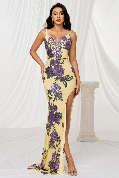 Sweetheart Sleeveless Floral Mermaid Party Prom Dress With Slit