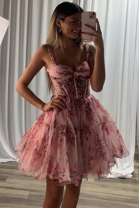 Sweetheart Soaghetti Straps Chiffon A-Line Floral Homecoming Dress