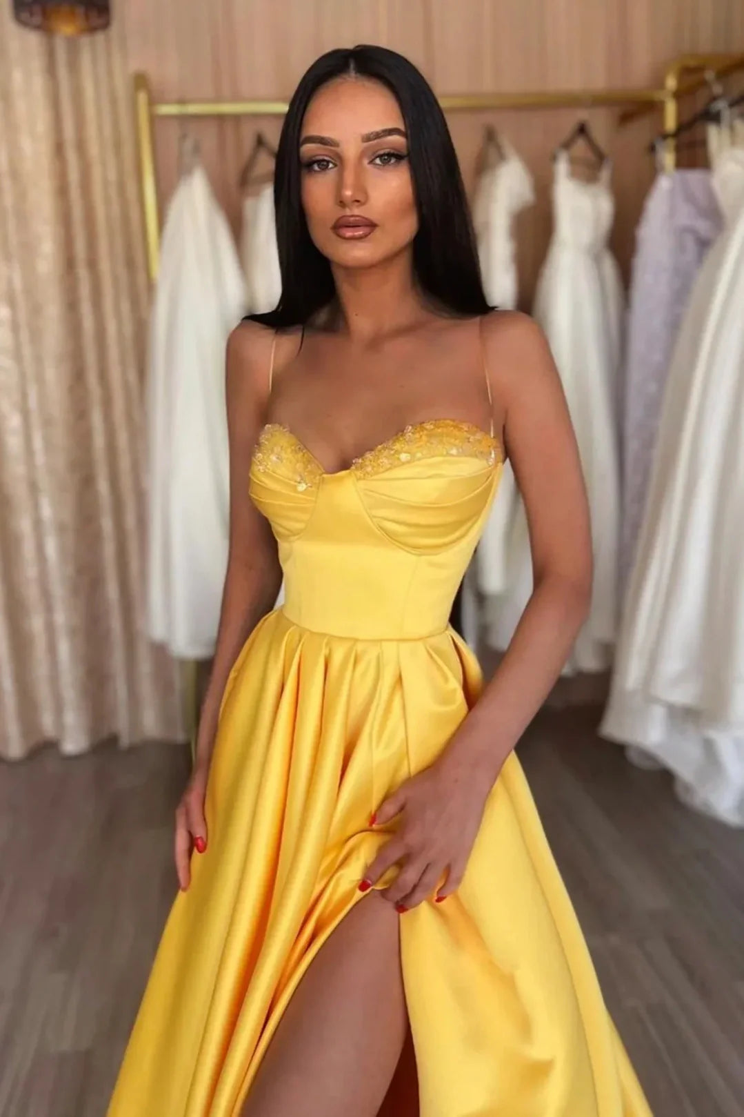 Sweetheart Spaghetti Straps A-Line Satin Party Prom Dress With Slit