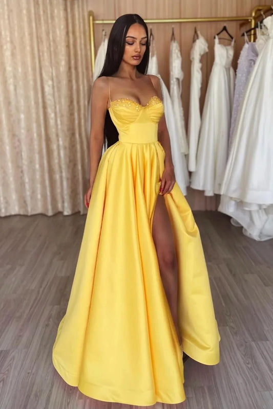 Sweetheart Spaghetti Straps A-Line Satin Party Prom Dress With Slit