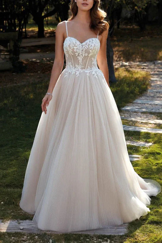 Sweetheart Spaghetti Straps Appliques A-Line Wedding Dress