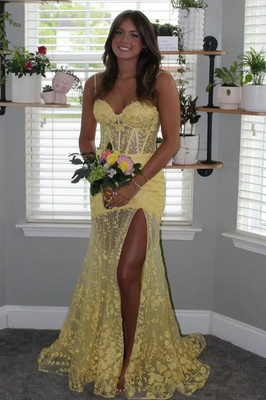 Sweetheart Spaghetti Straps Mermaid Lace Party Prom Dress With Slit