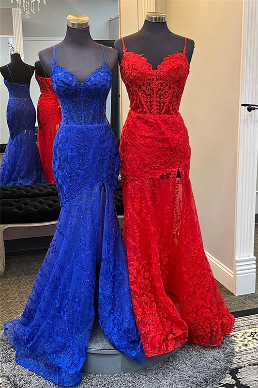 Sweetheart Spaghetti Straps Mermaid Lace Party Prom Dress With Slit