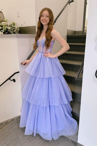 Sweetheart Spaghetti Straps Tulle A-Line Tiered Party Prom Dress