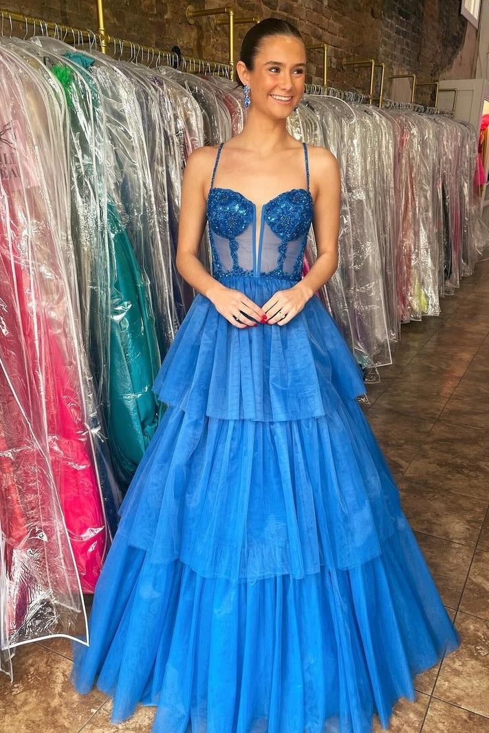 Sweetheart Spaghetti Straps Tulle A-Line Tiered Party Prom Dress