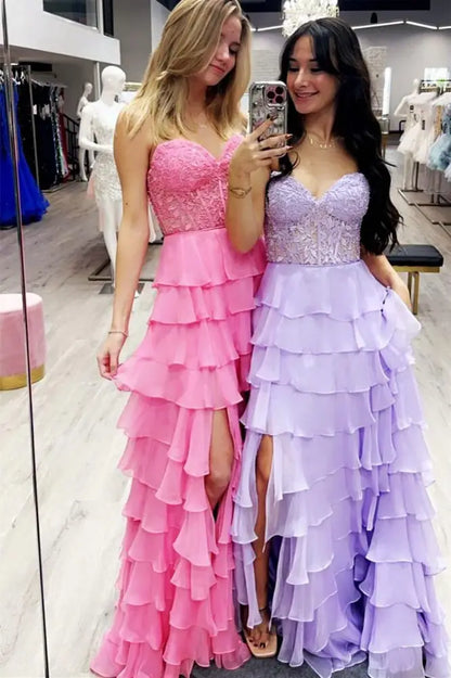 Sweetheart Strapless A-Line Appliques Tiered Party Prom Dress