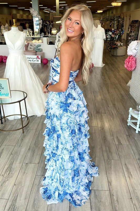 Sweetheart Strapless A-Line Chiffon Floral Prom Party Dress