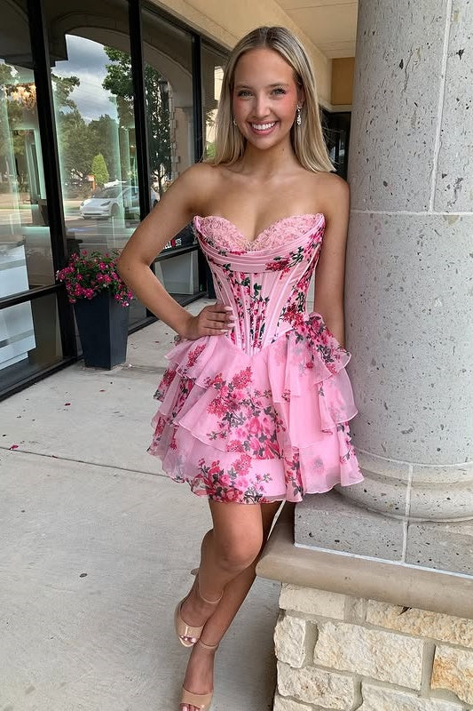 Sweetheart Strapless A-Line Floral Tiered Homecoming Dress