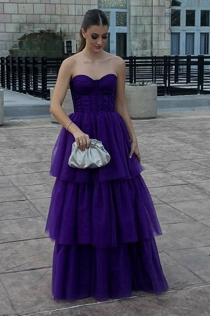 Sweetheart Strapless A-Line Tiered Tulle Party Prom Dress