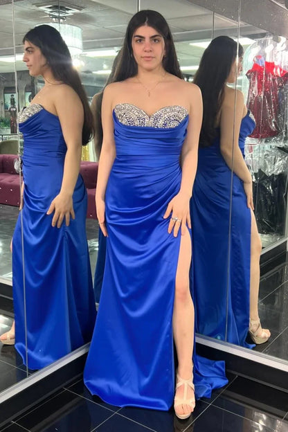 Sweetheart Strapless Beaded Empire Ruched With Side Slit Prom Dress