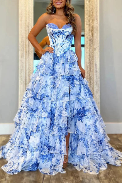 Sweetheart Strapless Empire A-Line Floral Tiered Party Prom Dress