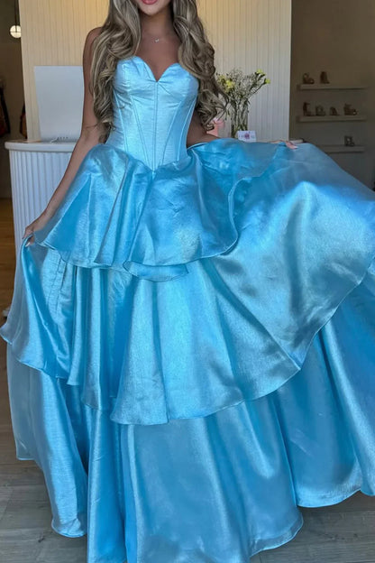 Sweetheart Strapless Empire A-Line Tiered Long Party Prom Dress