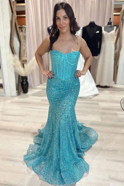 Sweetheart Strapless Empire Mermaid Sequins Prom Dress