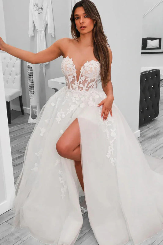 Sweetheart Strapless Empire Sheer Long A-Line Wedding Dress