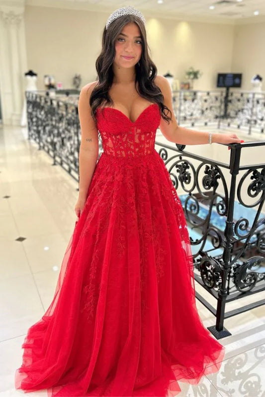 Sweetheart Strapless Empire Tulle A-Line Lace Party Prom Dress