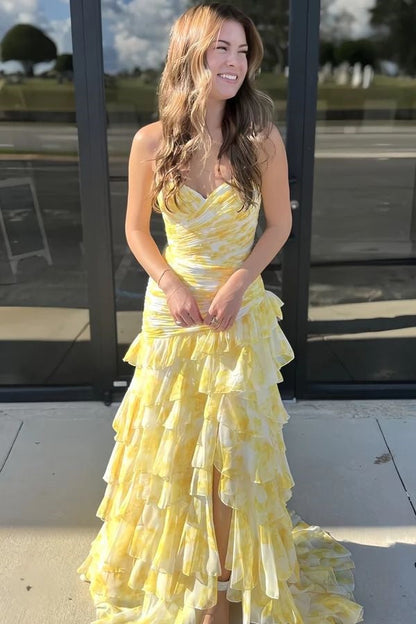 Sweetheart Strapless Mermaid Chiffon Appliques Tiered Party Prom Dress