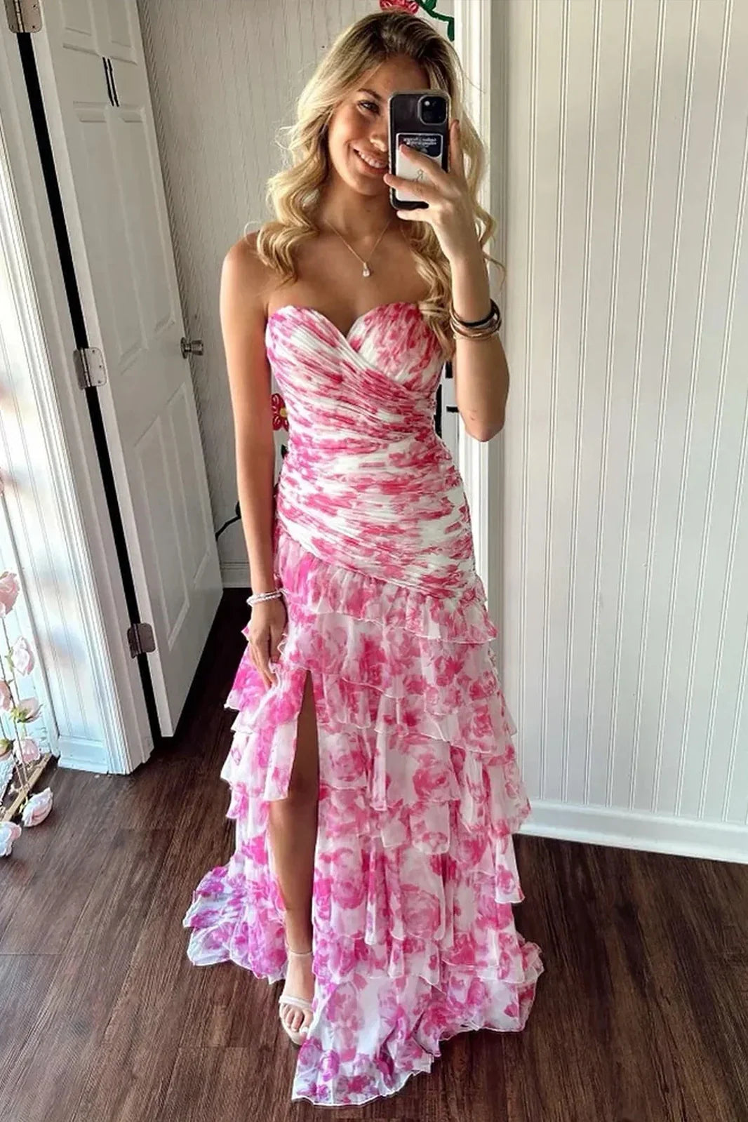 Sweetheart Strapless Mermaid Chiffon Appliques Tiered Party Prom Dress