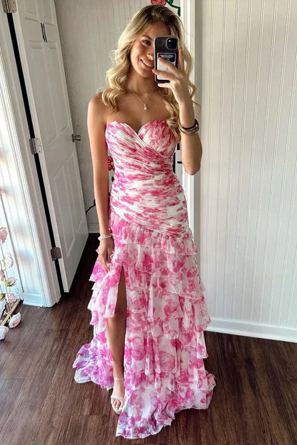 Sweetheart Strapless Mermaid Chiffon Appliques Tiered Party Prom Dress