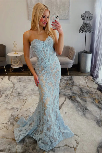 Sweetheart Strapless Mermaid Lace Party Prom Dress With Train