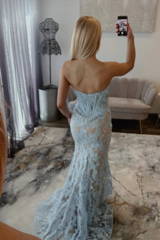 Sweetheart Strapless Mermaid Lace Party Prom Dress With Train