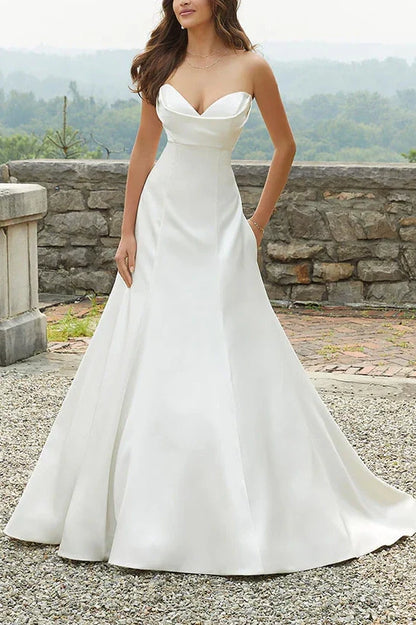 Sweetheart Strapless Satin A-Line Wedding Dress With Train
