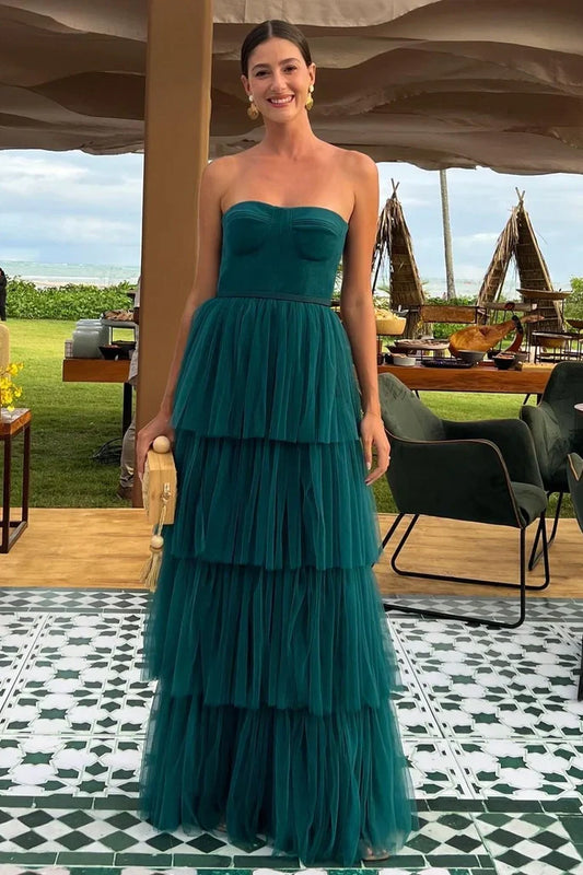 Sweetheart Strapless Tulle A-Line Tiered Long Party Prom Dress