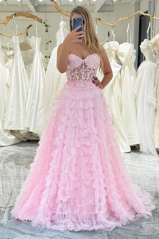 Sweetheart Strapless Tulle A-Line Tiered Party Prom Dress