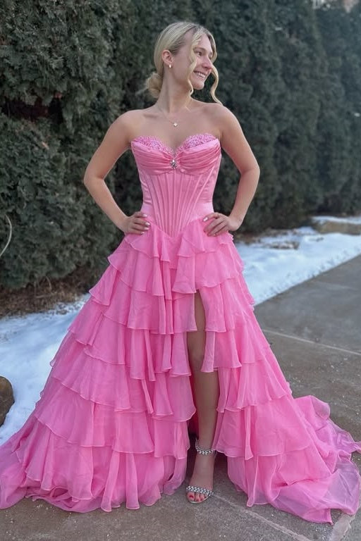 Sweetheart Strapless Two Tone Tiered Party Prom Dress With Slit