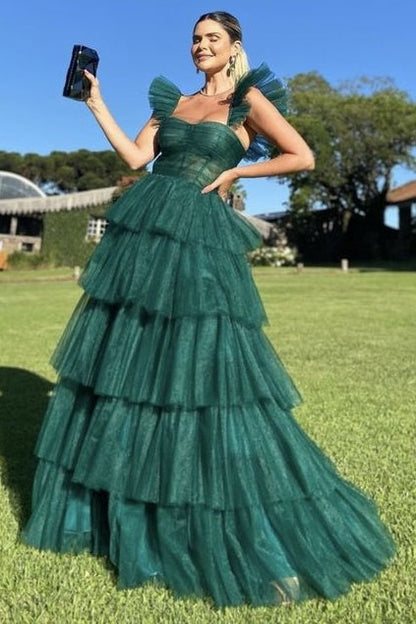 Sweetheart Tulle A-Line Empire Tiered Long Party Prom Dress