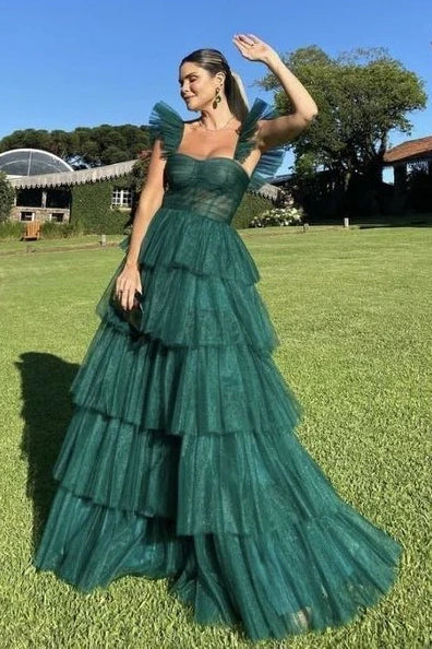 Sweetheart Tulle A-Line Empire Tiered Long Party Prom Dress
