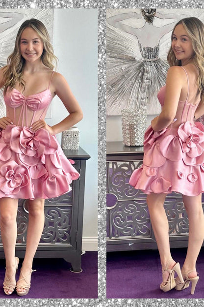 Sweetheart A-line Spaghetti Straps Satin Appliques Mini Homecoming Dress