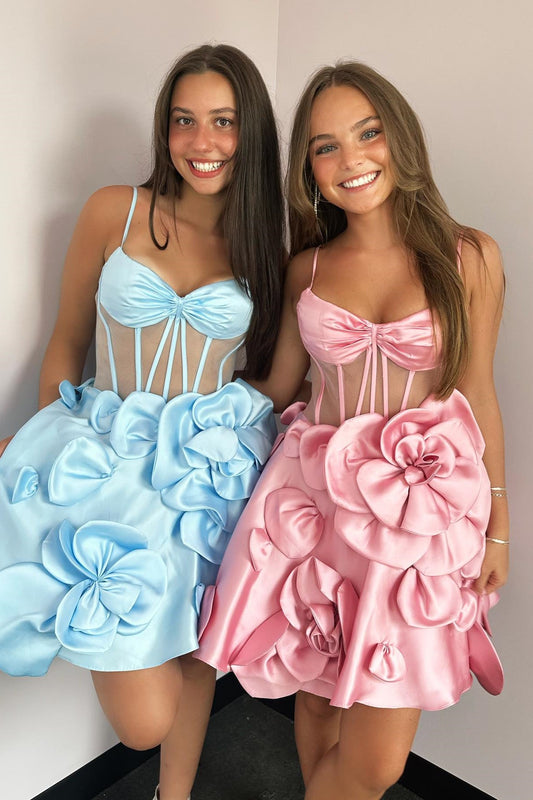 Sweetheart A-line Spaghetti Straps Satin Appliques Mini Homecoming Dress