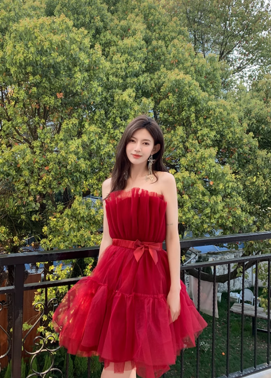 Burgundy A Line Strapless Tulle Short Outfit Party Dress Homecoming Dress Birthday Dress SH3529