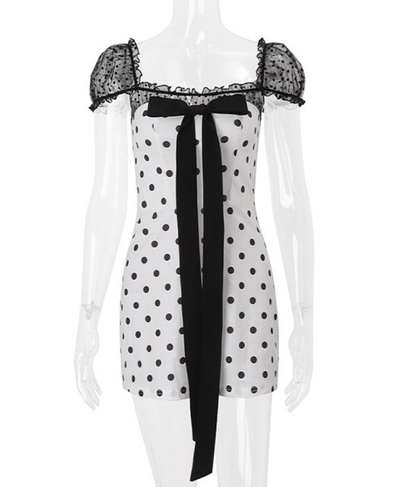 Cute Polka Dot A Line Puff Satin Mini Homecoming Dress Cocktail Dress with Bow SH3875