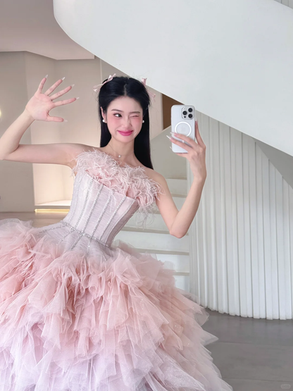 Cute A Line Strapless Corset Feather Pink Tulle Short Homecoming Dress Cocktail Dress SH2995