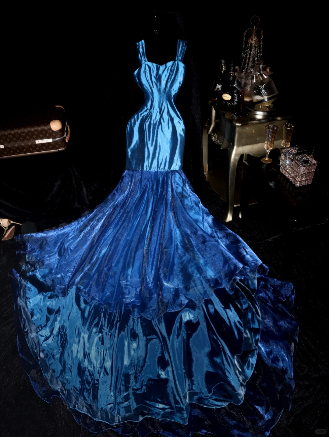 Charming Blue Mermaid Strap Organza Satin Party Dress Evening Dress SH3229